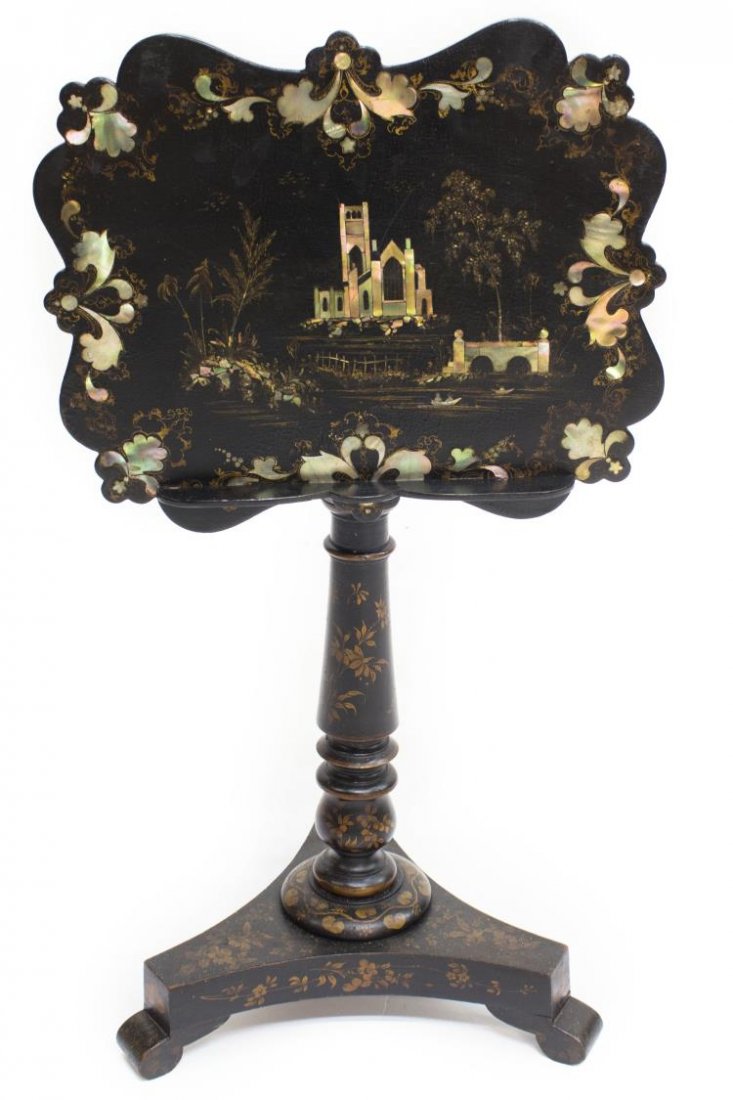 VICTORIAN PAPIER MACHE MOTHER OF PEARL STAND/TABLE (1 of 5)