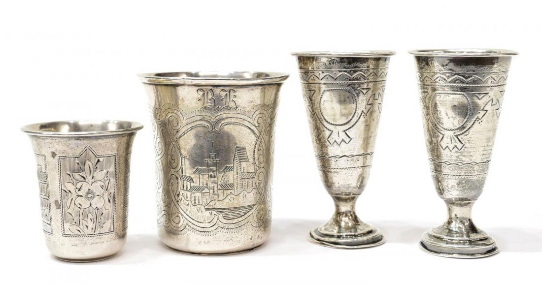(4) DIMINUTIVE ENGRAVED RUSSIAN SILVER CUPS (1 of 8)