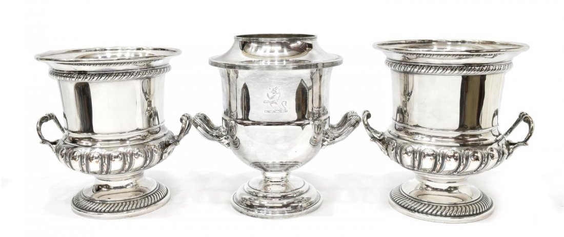 (3) COLLECTION OF SILVERPLATE ICE BUCKETS: (lot of 3) Silver plate wine coolers, all of Campana form, including: (2) having double handles, gadrooned borders, fitted with inserts; (1) double handled with engraved heraldic griffin sejant, hallm