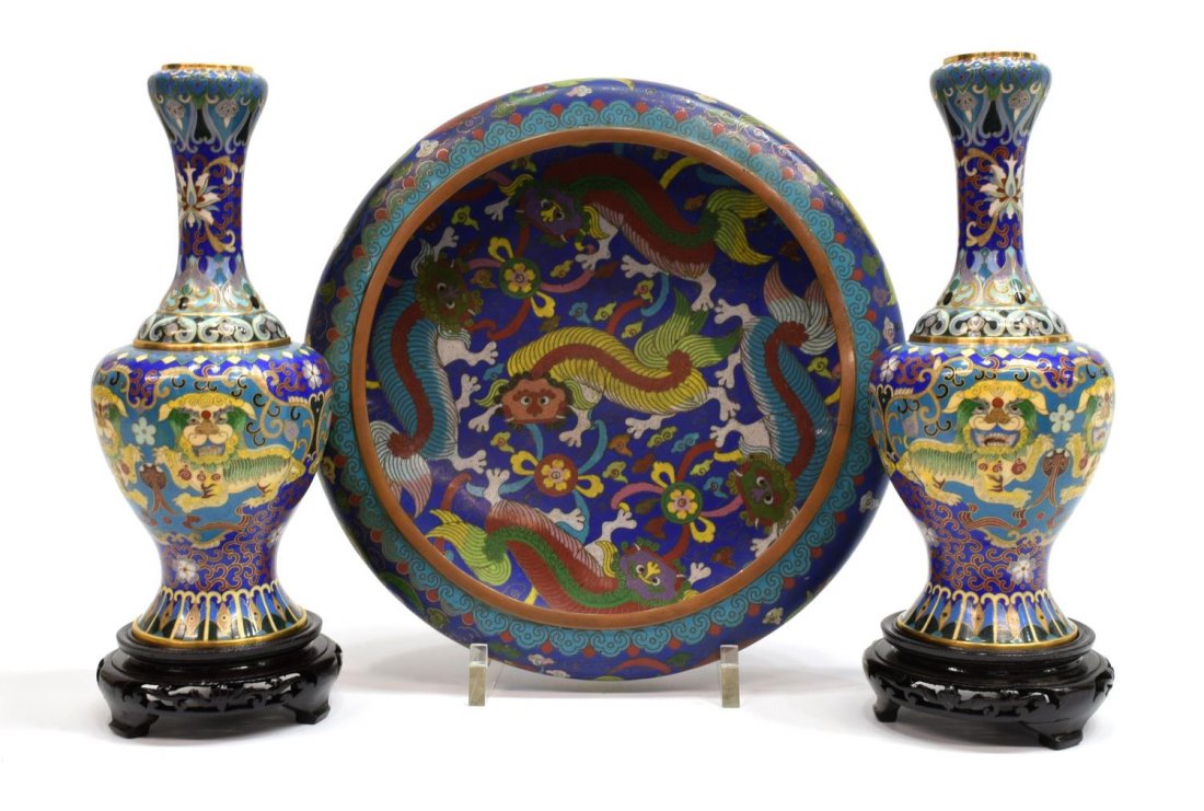 (3) VINTAGE CHINESE CLOISONNE ENAMEL VASES & BOWL (1 of 8)