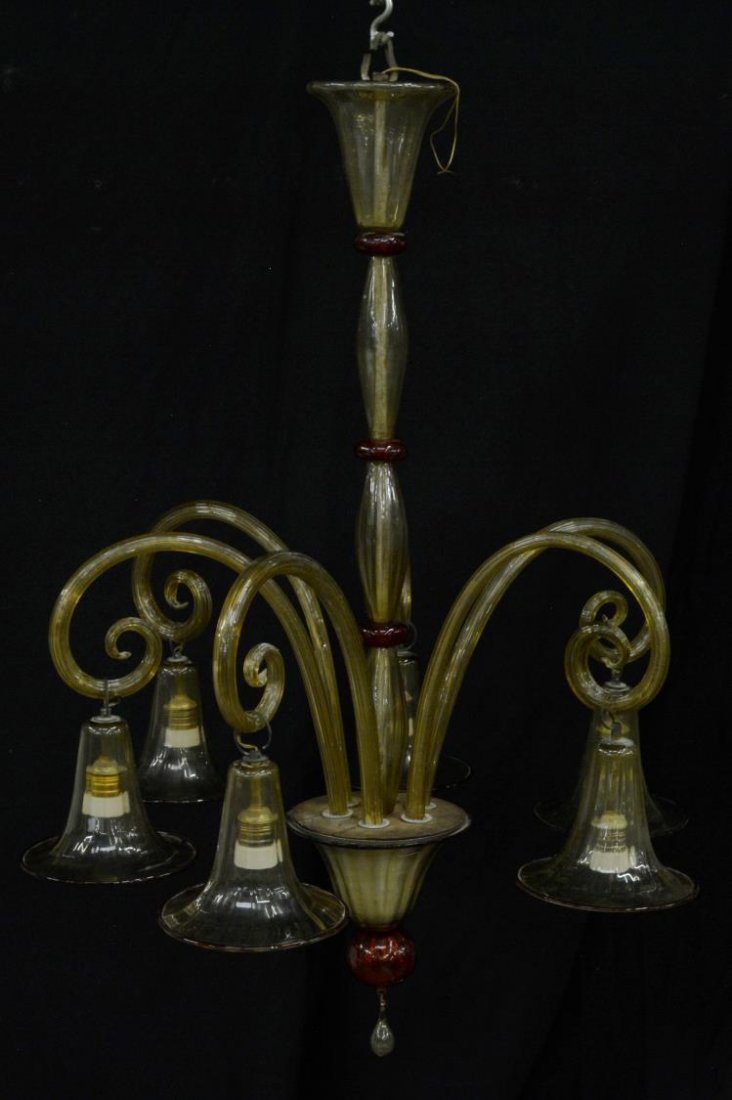 ITALIAN MURANO ART RED RIMMED GLASS CHANDELIER: Italian Murano art glass six-light chandelier, central standard accented by red ribs, scrolled arms with red rimmed lighting, in need of wiring, approx 39"h, 29"d Start Price: $150.00
