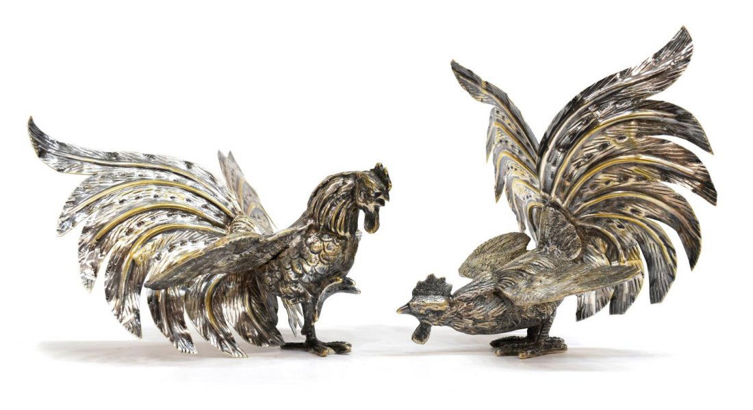 (2) ITALIAN SILVERED BRASS FIGHTING ROOSTERS (1 of 5)