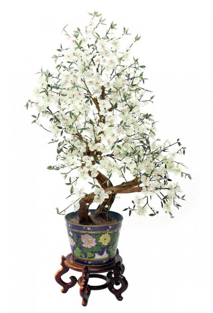 LARGE CHINESE FLOWERING HARDSTONE CLOISONNE TREE (1 of 2)