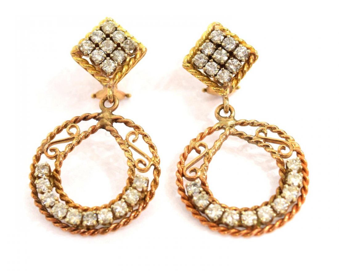 (PAIR) LADIES 14KT DIAMOND DANGLE HOOP EARRINGS (1 of 3)