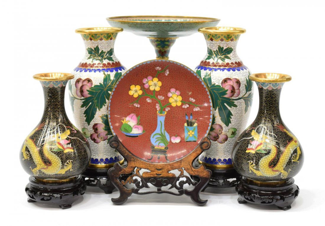(6) VINTAGE CLOISONNE ENAMEL VASES & COMPOTES (1 of 6)