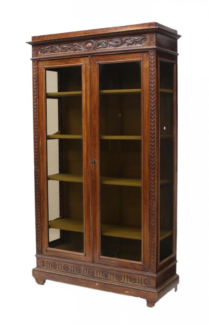 ITALIAN CARVED WALNUT TWO DOOR BOOKCASE, 19TH C (1 of 2)