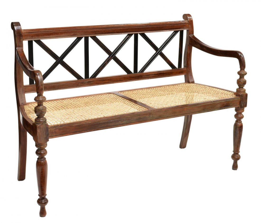 FRENCH COUNTRY WOODEN CANED SEAT TWO-SEAT BENCH (1 of 2)