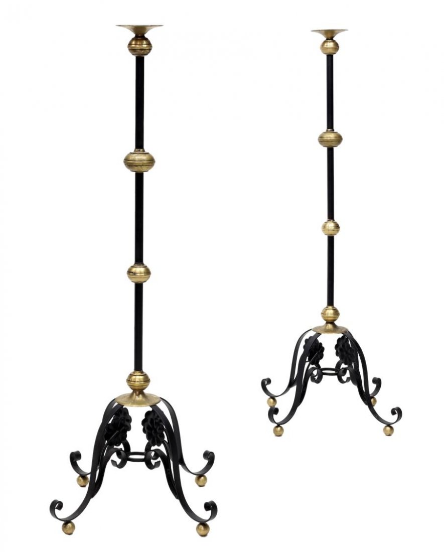 (2) WROUGHT IRON & BRASS CANDLE STANDS, 20TH C. (1 of 4)