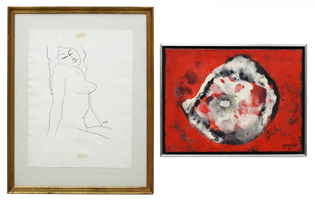 (2) OTA JANECEK (CZECH 1919-1996) PAINTING & PRINT: (lot of 2) Works of art by Ota Janecek (Czech, 1919-1996), comprising: (1) framed oil on canvas, "The Cell", 1965, signed lower right and verso, retaining John Carter Gallery label, canvas: 12"h, 15.7