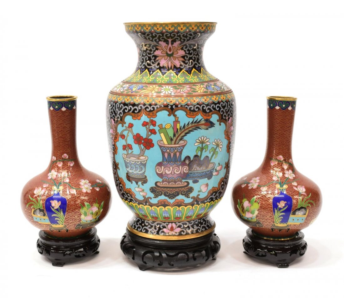 (3) VINTAGE CHINESE CLOISONNE ENAMEL CABINET VASES (1 of 3)