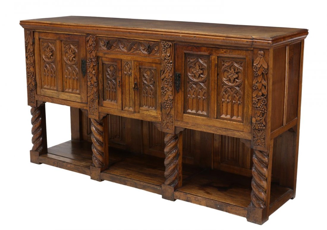 WELL CARVED GOTHIC STYLE OAK SIDEBOARD (1 of 4)