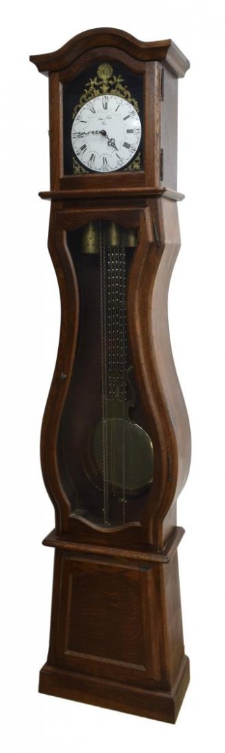 FRENCH COUNTRY OAK MORBIER LONGCASE CLOCK, 20TH C (1 of 4)