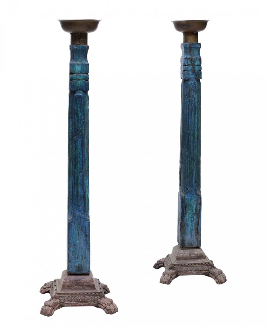 (2) INDIAN POLYCHROME CARVED TEAKWOOD CANDLESTANDS (1 of 3)