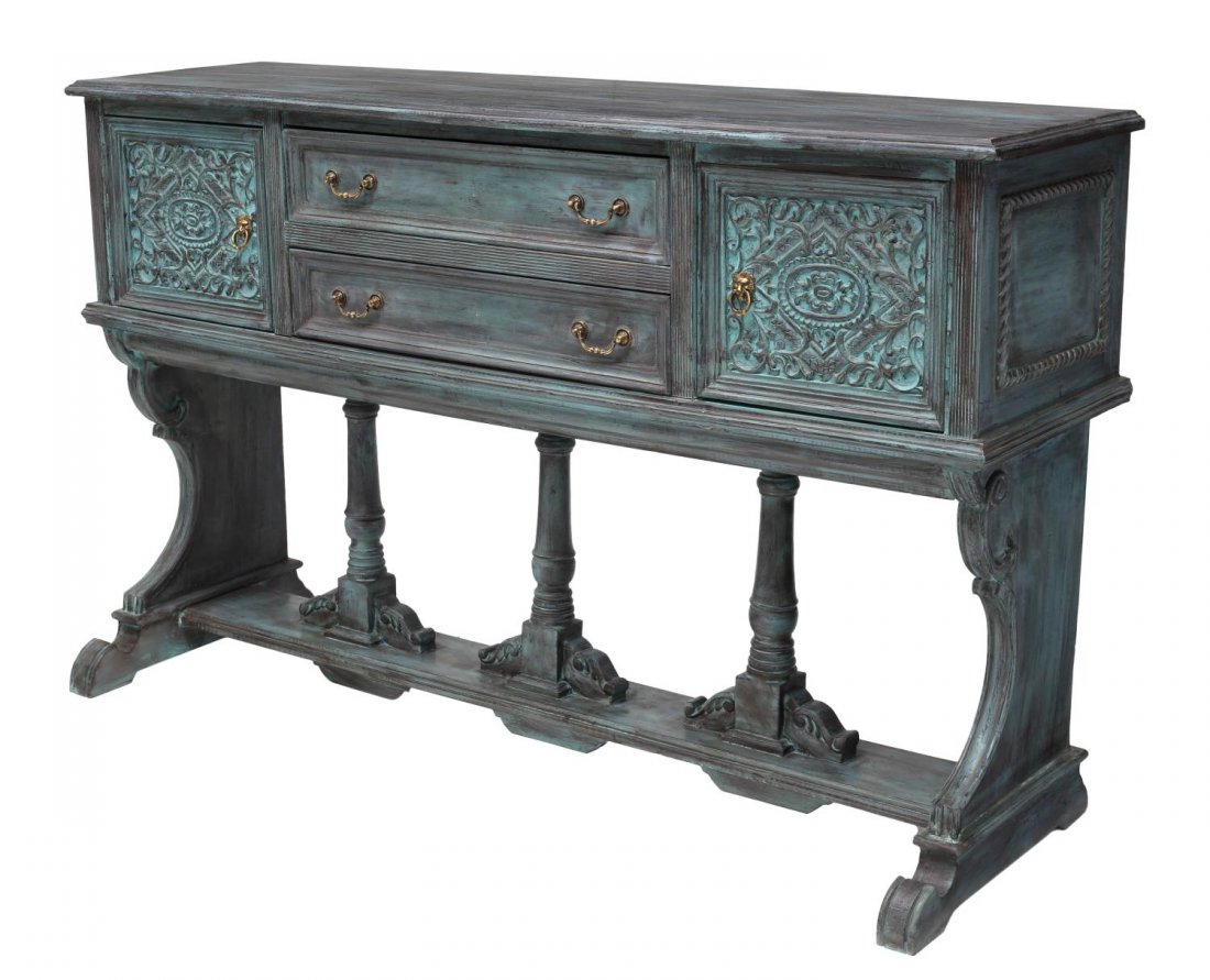 FRENCH COLONIAL PAINTED WOODEN SIDEBOARD 20TH C: French Colonial sideboard, 20th c., the painted rectangular top over two drawers, flanked by two doors, brass hardware, rising on trestle and column support base, 41.5"h, 66"d, 18.5"d Start Price: $25
