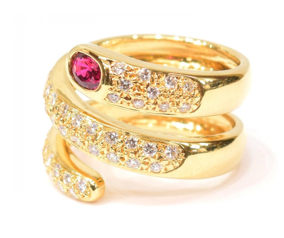 LADIES 18KT YELLOW GOLD DIAMOND & RUBY SPIRAL RING (1 of 6)