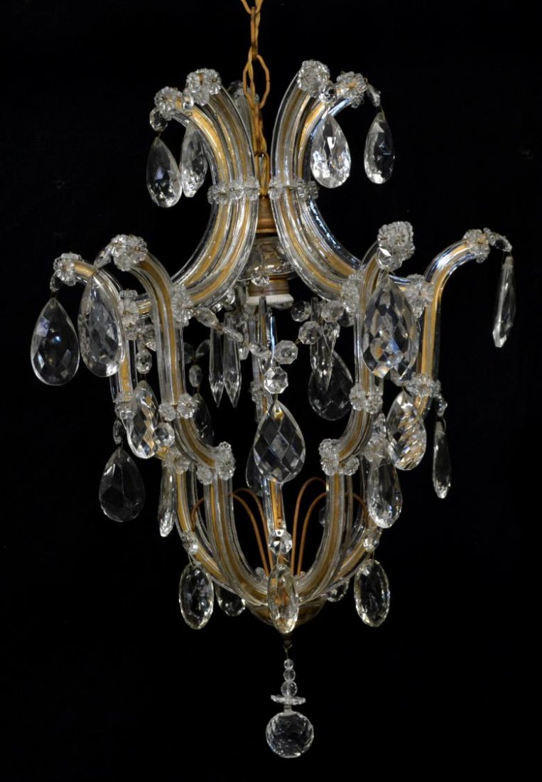 ITALIAN MARIA THERESA STYLE 1-LIGHT CHANDELIER: Italian Maria Theresa style gilt metal and glass clad single-light chandelier, accented with prisms and faceted ball drop, approx wall mount and chain: 17.5"h, chandelier: 22.5"h, 14.75"w Start Price: