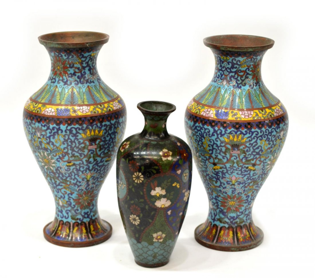 (3) ANTIQUE CLOISONNE ENAMEL CABINET VASES (1 of 7)