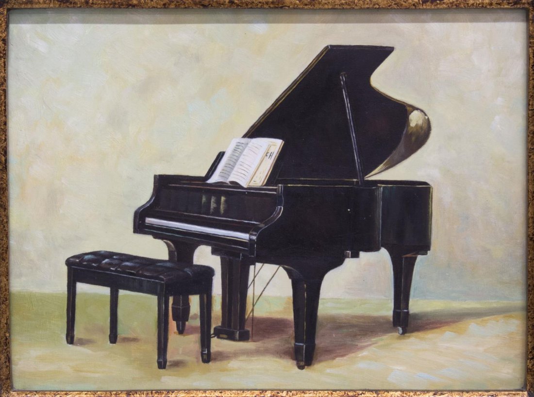 FRAMED PAINTING ON CANVAS, PIANO: Framed painting on canvas, Piano, unsigned, heavily decorated frame with bright gilding, black accents, sight: 11.5"h, 15.5"w, overall: 22.5"h, 26.5"w, 8lbs Start Price: $80.00