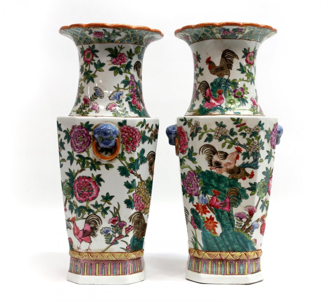 (2) CHINESE FAMILLE ROSE SQUARED ROOSTER VASES: (pair) Chinese famille rose squared vases, the scalloped rim over the neck and squared body decorated with rooster and foliate design, with applied blue lion mask ring handles, 16.25"h, 6.5"w, 15.5lbs