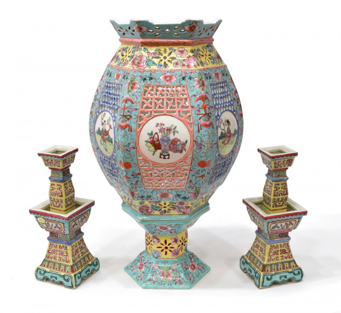 (3) CHINESE PORCELAIN LANTERN & CANDLESTICKS (1 of 7)