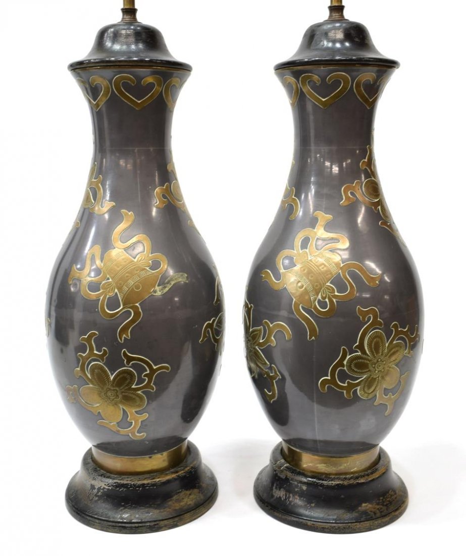 (2) CHINESE PEWTER INLAID BRASS VASE LAMPS (1 of 3)
