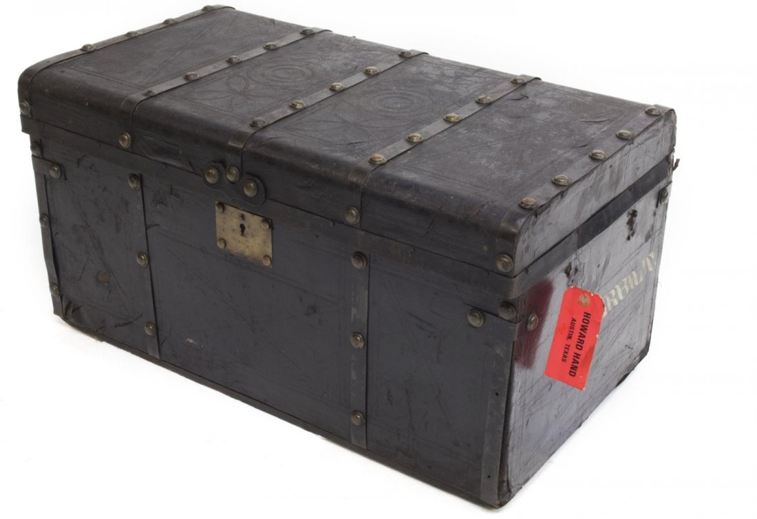 ANTIQUE LEATHER & IRON BOUND TRAVEL CHEST (1 of 7)