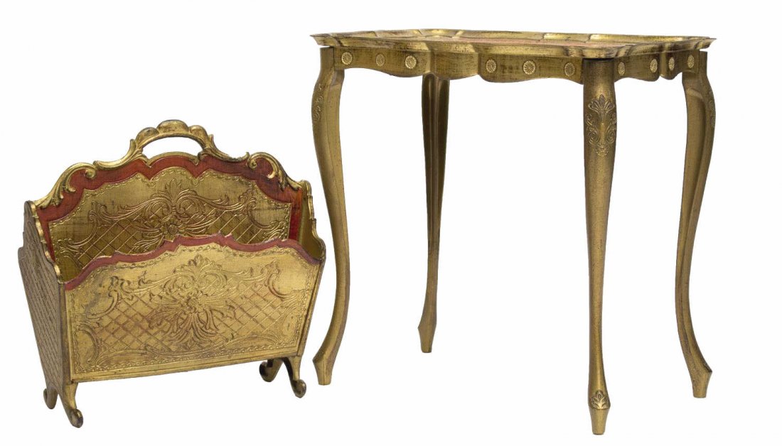 (2) FLORENTINE STYLE PARCEL GILT TABLE & MAG. RACK (1 of 5)
