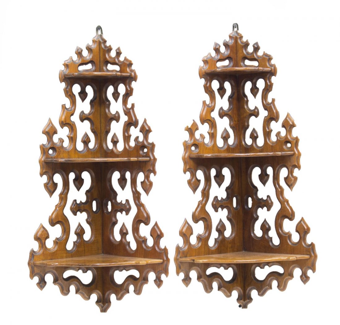 (PAIR) CARVED WALNUT HANGING CORNER SHELVES (1 of 2)