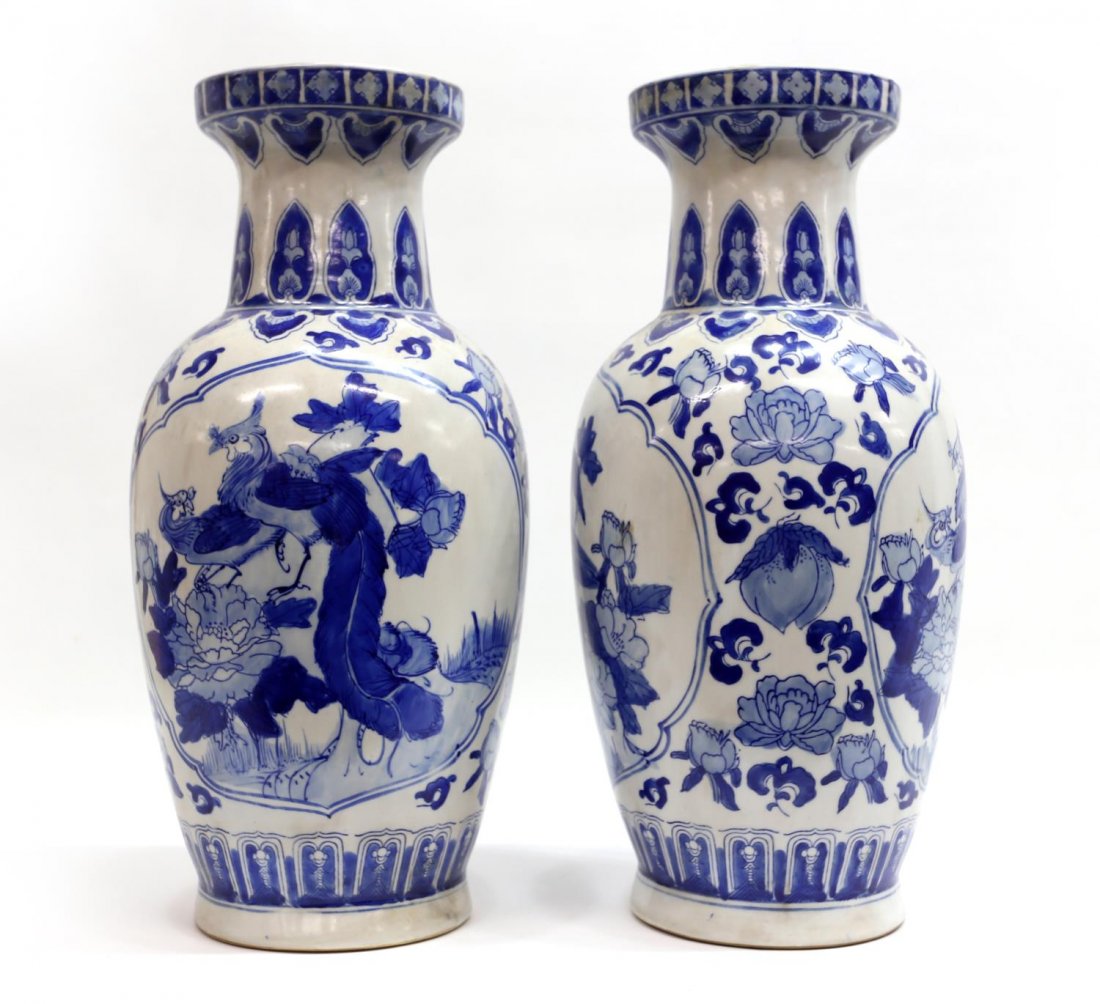(2) CHINESE BLUE & WHITE GLAZE FLORAL VASES (1 of 3)
