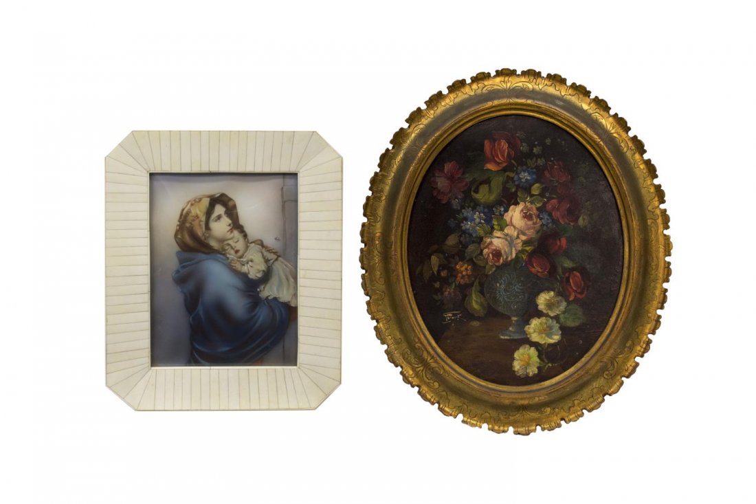 (2) FRAMED ITALIAN WORKS OF ART, MADONNA & FLOWERS: (lot of 2) Framed Italian works of art, 20th c., comprising: (1) bone framed gouache and pigment on vellum, Madonna and Child, signed upper right Ruby (20th c.), sight: 9.5"h, 6.5"w, overall: 13.5"h,