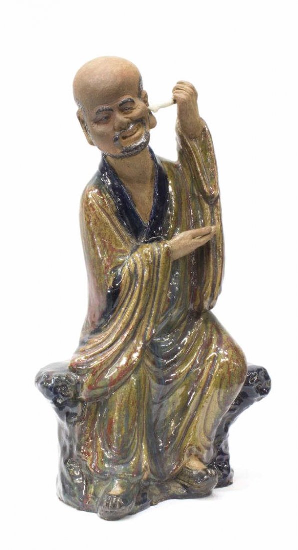 CHINESE FLAMBE GLAZE EARTHENWARE SCULPTURE OF MAN (1 of 5)