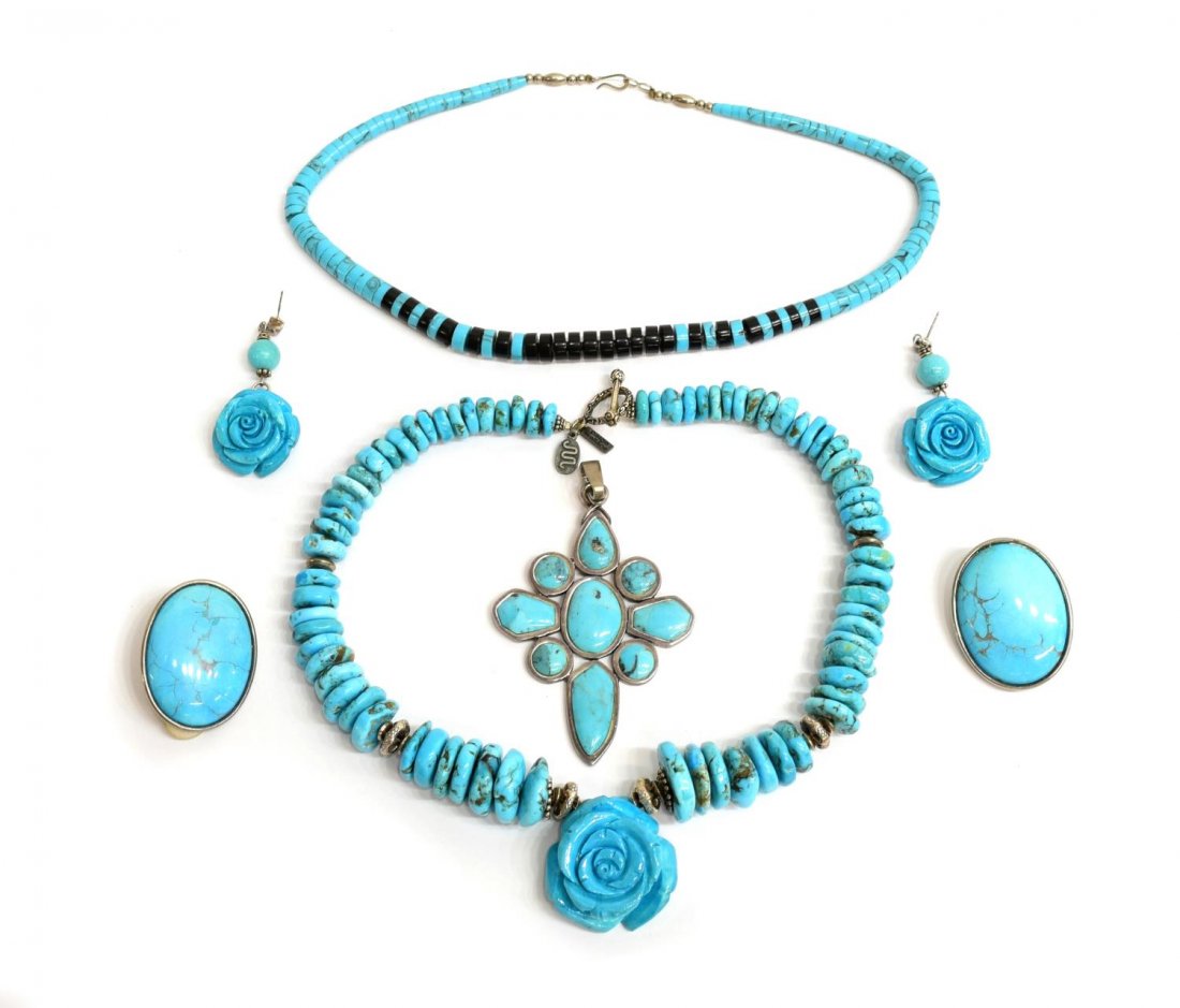 PAIGE WALLACE & OTHER SILVER ESTATE JEWELRY: (lot) Estate sterling and turquoise jewelry: (3pc) Page Wallace suite, comprising (1) necklace and (pair) earrings for pierced ears, lacking backs, turquoise rosettes in 925 settings; (1) turquoise an