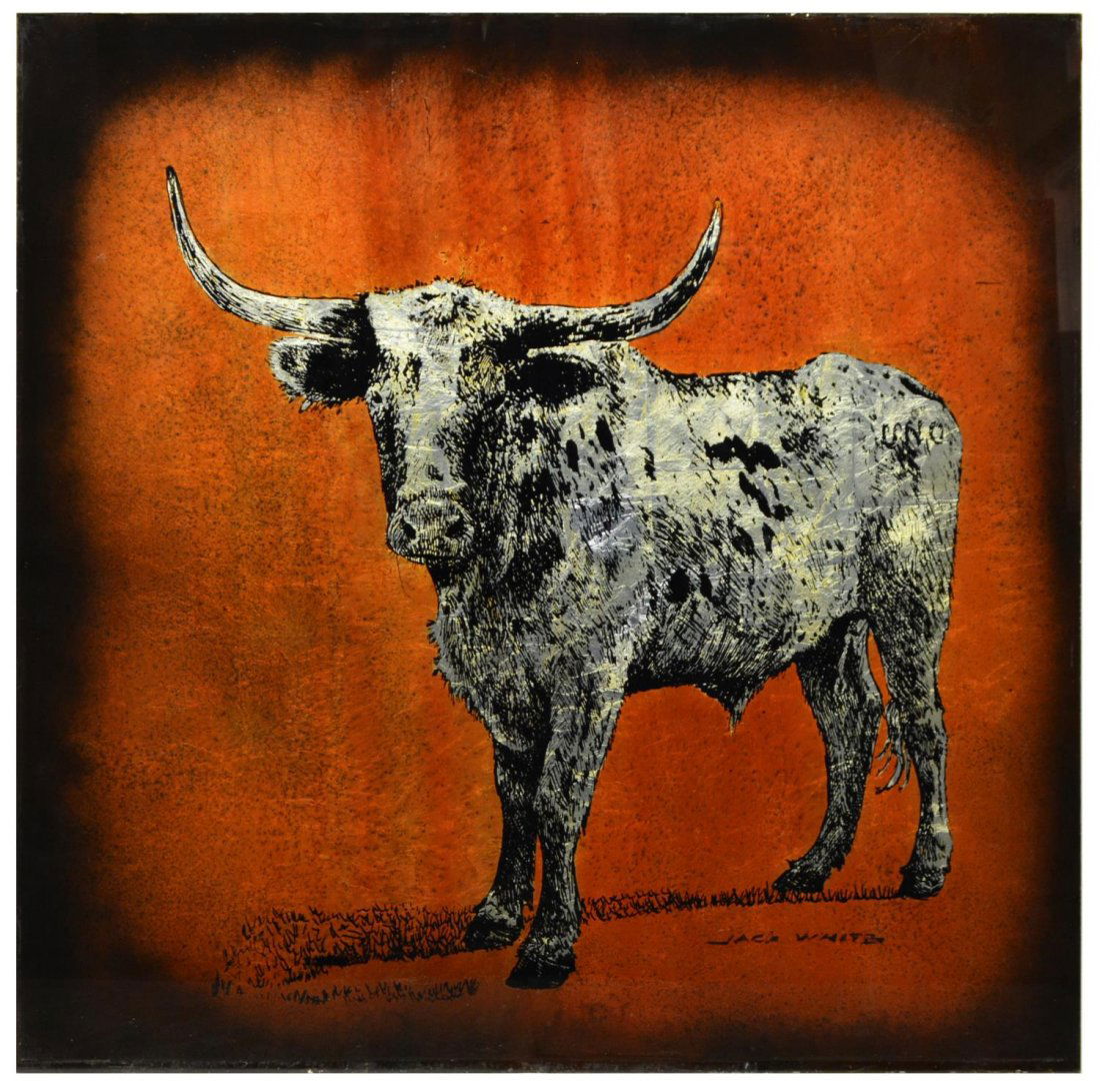 JACK WHITE (TEXAS), TEXAS LONG HORN, 48" x 48": Unframed gold and silver leaf / gilt and silvered foil art on glass on verso, Texas Long Horn, signed at lower right, approx 48"h, 48"w Provenance: Ronald McDonald Charities of Central Texas. Net proc