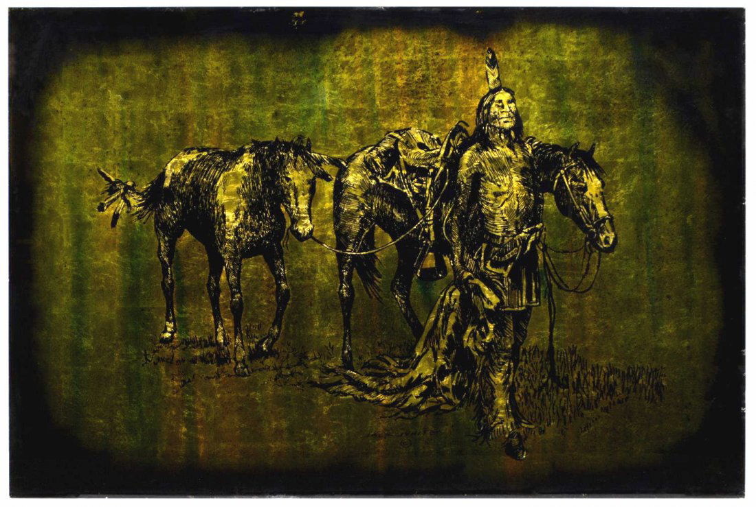 JACK WHITE (TEXAS), COMING FROM WAR, 48" x 72": Unframed gold leaf / gilt foil on art glass verso, Coming from War, signed at lower center, Jack White (Texas, b. 1933), approx 48"h, 72" Provenance: Ronald McDonald Charities of Central Texas. Net pr
