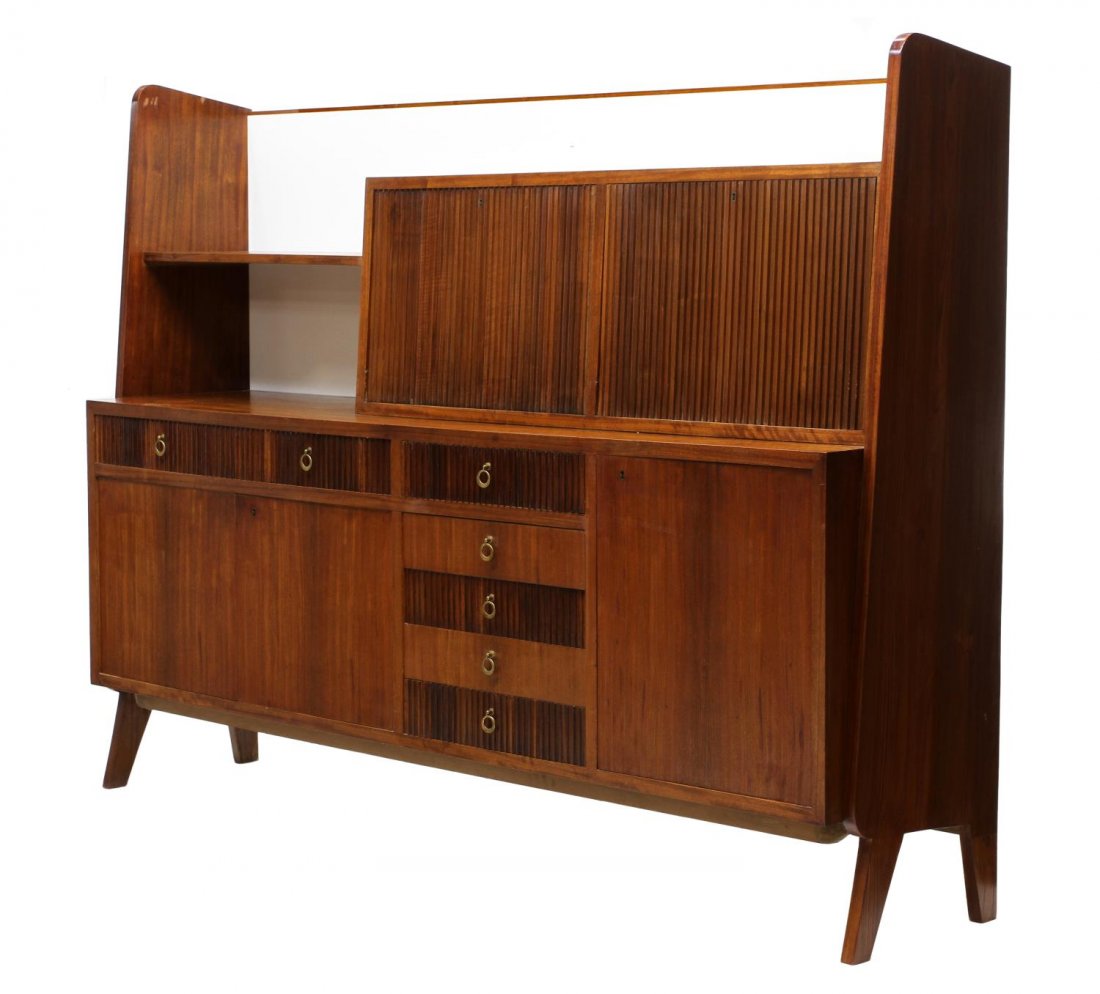 ITALIAN MODERN SIDEBOARD, ATTRIB. ICO PARISI: Italian mid-century modern teakwood sideboard, design attributed to Ico Parisi (Italian, 1916-1996) and having the tag of La Permanente Mobili, Cantu, the top with a white laminated back fronted by tw