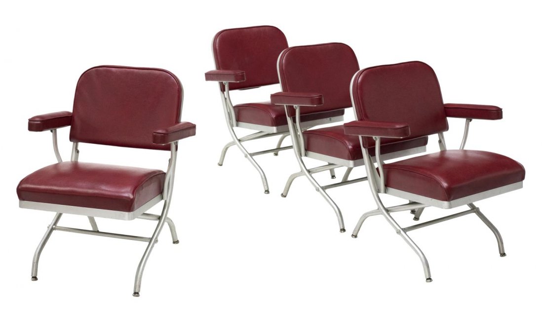(4) WARREN McARTHUR FOR MAYFAIR FOLDING CHAIRS: (lot of 4) Folding chairs, design by Warren McArthur (American, 1885-1961) for Mayfair Industries, tubular aluminum frame with red vinyl back, seat and padded arms, retaining McArthur and Mayfair tags