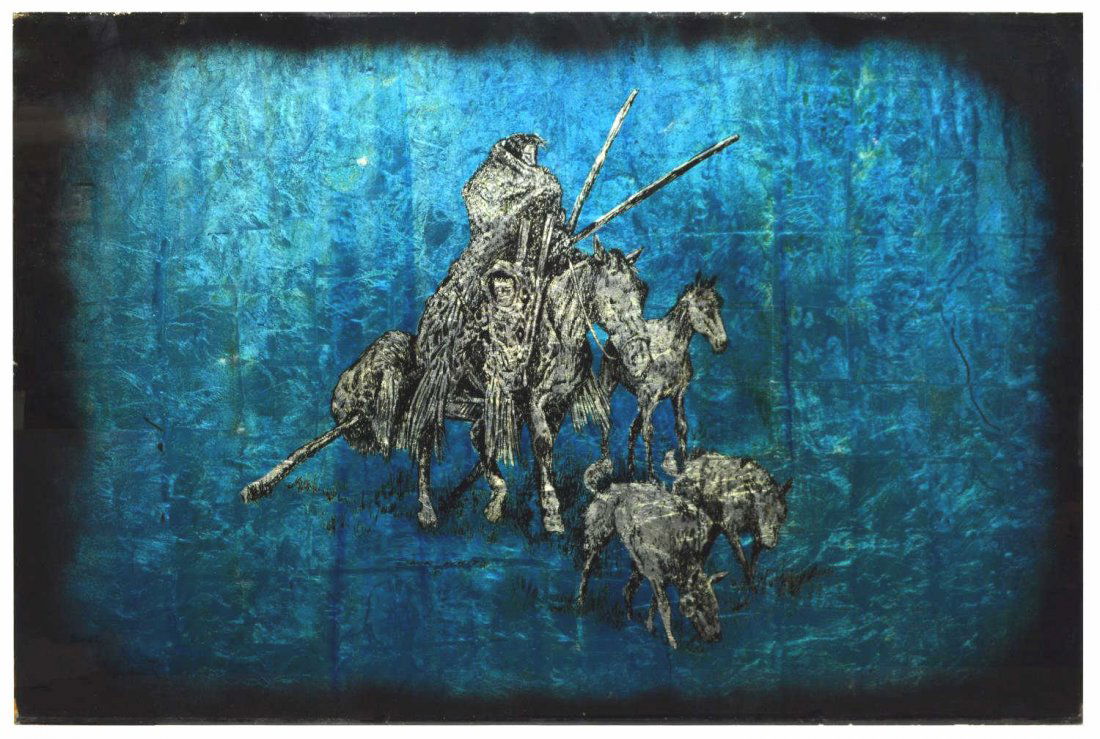 JACK WHITE (TEXAS), THE WESTERN CHILL, 48" x 72": Unframed silver leaf / silvered foil art on glass verso, The Western Chill, signed at lower center, Jack White (Texas, b. 1933), approx 48"h, 72"w Provenance: Ronald McDonald Charities of Central Texa