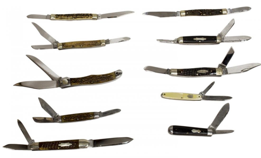 (10) POCKET KNIVES, CASE, ULSTER, WINCHESTER: (lot of 10) Pocket knives: (1) Case, Bradford Pa., Tested XX #6391; (1) Case XX, #6375, three blades; (1) New York Knife Co., Walden, three blades; (1) Ulster Kinfe Co., three blades, one with chipped