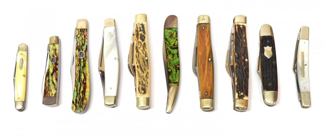 (10) POCKET KNIVES, WILLIS & FINCK, CASE, EMPIRE: (lot of 10) Pocket knives: (1) Willis & Finck, San Francisco, three blades; (1) Winchester, #3002, three blades; (1) Empire Knife Co., Winstead, Ct., three blades and file; (1) Cattaraugus, Little Val