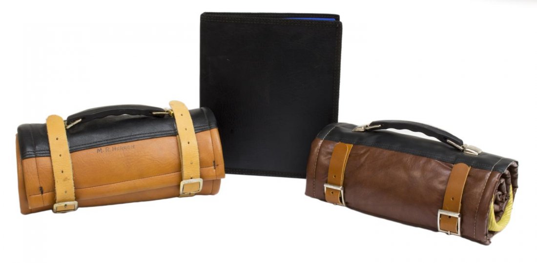 (3) KNIFE COLLECTORS CASES & ROLLS: (lot of 3) Knife collectors rolls and case: (1) Hickory Hill roll, holds up to 60 knives, 11.75"w, 4.5"diameter; (1) rolls holding up to 58 knives, 11.75"w, 4.5"diameter; (1) folding book like case ho