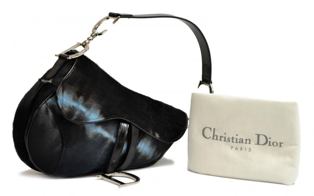 CHRISTIAN DIOR 'SADDLE' DYED PONY HAIR SHOULDERBAG: Christian Dior "Saddle" shoulder bag in dyed pony hair, having black patent leather handles, trim, and piping, silver toned hardware, the flap top with velcro strap closure opening to black lined inte