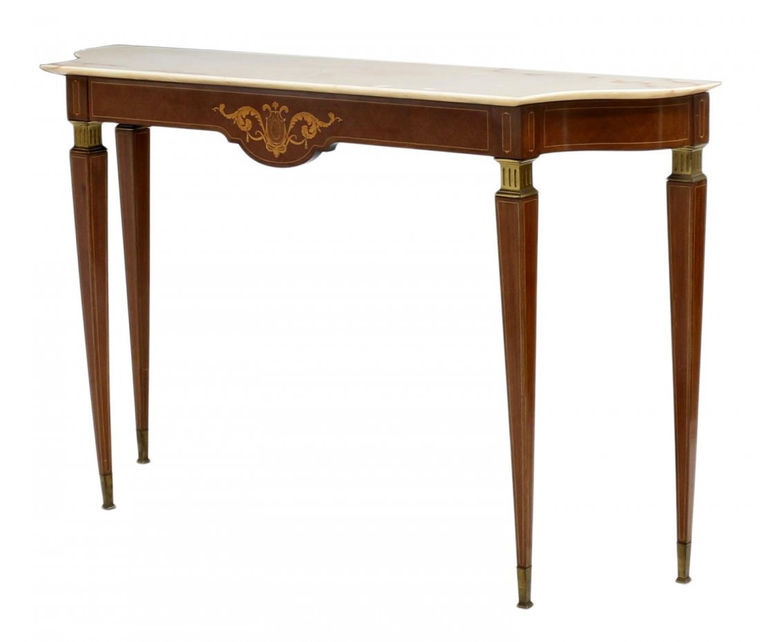 ITALIAN MID-CENTURY MODERN PAOLO BUFFA CONSOLE: Italian mid-century modern console table, c. 1950, design by Paolo Buffa (Italian, 1903-1970), a shaped marble top over the marquetry inlaid skirt, rising on string inlaid gilt accented square tapered