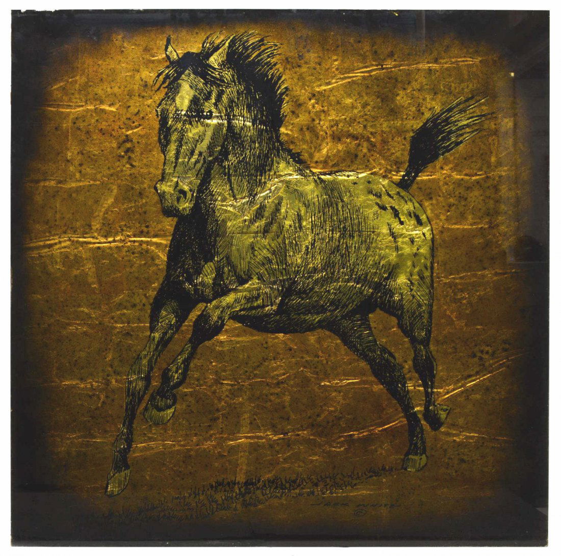 JACK WHITE (TEXAS, 1933), GOLDEN BRONCO, 48" x 48": Unframed gold leaf / gilt foil art on glass verso, Golden Bronco, signed at lower right, Jack White (Texas, b. 1933), approx 48"h, 48"w Provenance: Ronald McDonald Charities of Central Texas. Net proc
