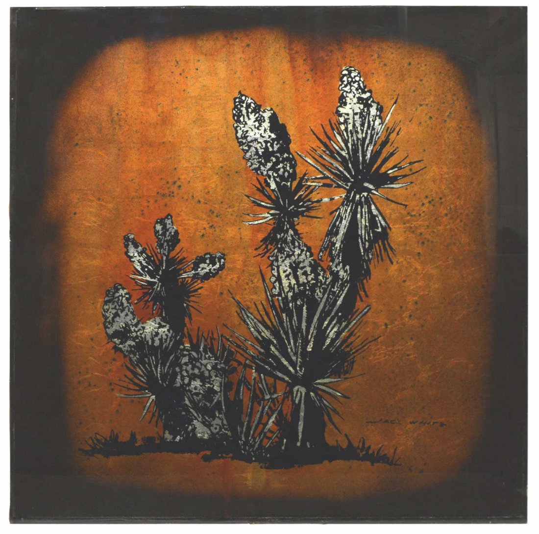 JACK WHITE (TEXAS, 1933), YUCCA RIGIDA, 48" x 48": Unframed gold and silver leaf / gilt and silvered foil art on glass verso, Yucca Rigida, signed at lower right, Jack White (Texas, b. 1933), approx 48"h, 48"w Provenance: Ronald McDonald Charities of