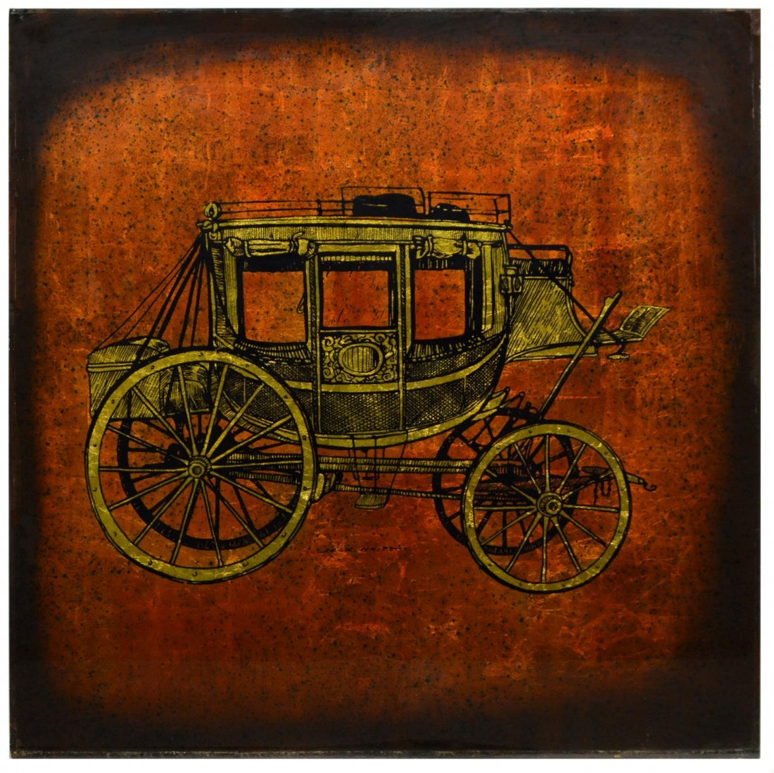 JACK WHITE (TEXAS), THE STAGECOACH, 48" x 48": Unframed gold leaf / gilt foil art on glass verso, The Stagecoach, signed at lower center, Jack White (Texas, b. 1933), approx 48"h, 48"w Provenance: Ronald McDonald Charities of Central Texas. Net pr
