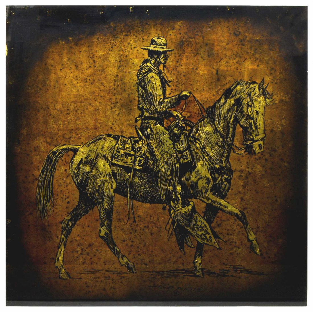 JACK WHITE (TEXAS) THE BOUNTY HUNTER, 48" x 48": Unframed gold leaf / gilt foil art on glass verso, The Bounty Hunter, signed at lower center, Jack White (Texas, b. 1933), approx 48"h, 48"w Provenance: Ronald McDonald Charities of Central Texas. Net