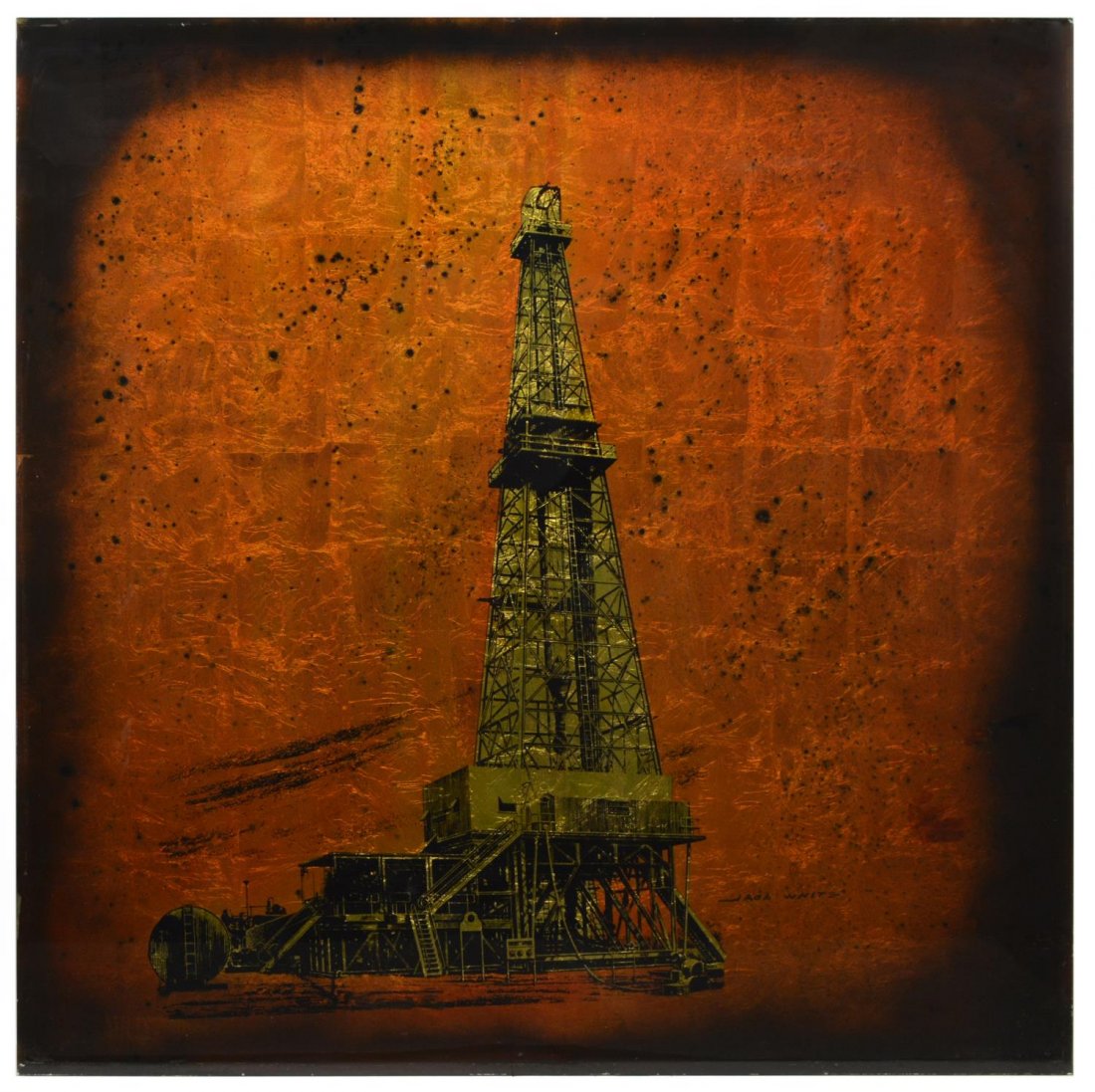 JACK WHITE (TEXAS), OIL DERRICK, 48" x 48": Unframed gold leaf / gilt foil art on glass verso, Texas Oil Derrick, signed at lower right, Jack White (Texas, b. 1933), approx 48"h, 48"w Provenance: Ronald McDonald Charities of Central Texas. Net