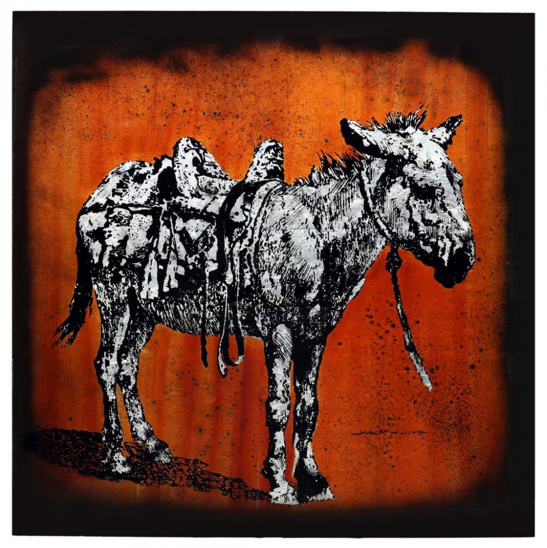 JACK WHITE, THE WESTERN DONKEY, SILVER, 48" x 48": Unframed silver leaf / silvered foil art on glass verso, The Western Donkey, signed at lower right, Jack White (Texas, b. 1933), approx 48"h, 48"w, 39lbs Provenance: Ronald McDonald Charities of Centr