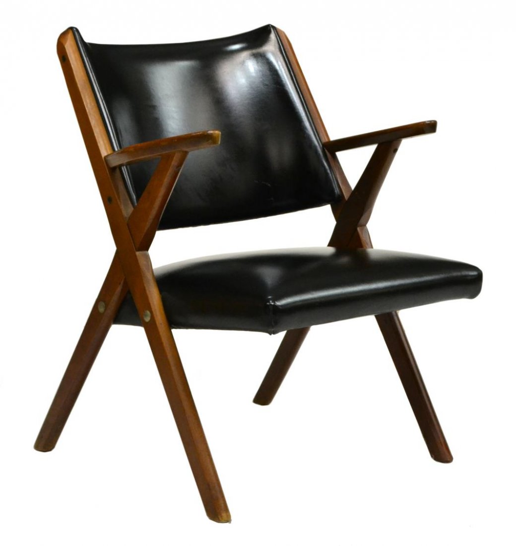 ITALIAN MID-CENTURY MODERN UPHOLSTERED ARM CHAIR: Italian mid-century modern arm chair, c. 1950's, padded back and seat in black faux leather upholstery, short arms rising on X-form uprights, impression to back upholstery in one corner, 29.5"h, 22"w,