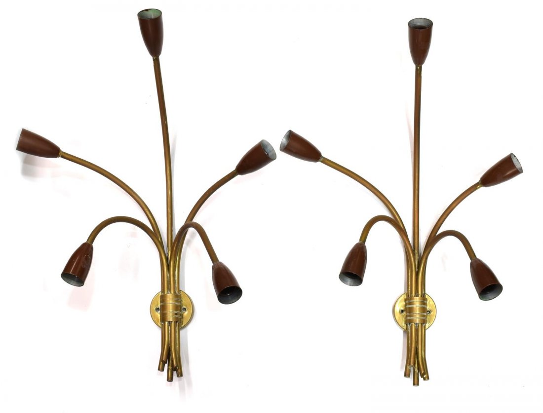 (2) ITALIAN MODERN BRASS WALL SCONCES, 20TH C.: (pair) Italian modern brass five-light wall sconces, 20th c., each having five brass arms finalizing in a brown metal light socket, in need of wiring, 22"h, 15"w, 9"d, approx. 3.75lbs total Start Pric